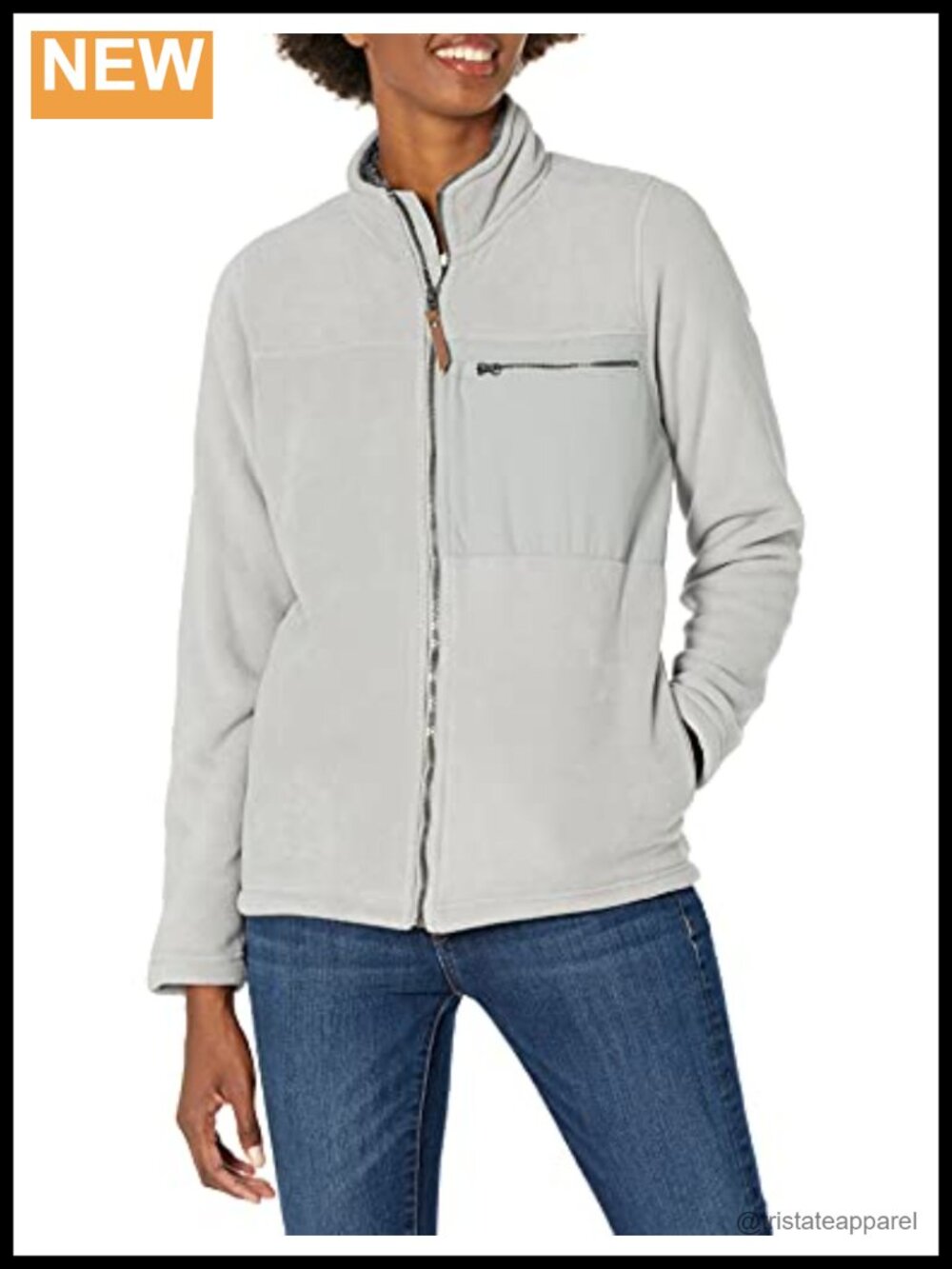 Women's Full Zip Fleece Jacket with Stand-Up Collar and Faux Leather Pull